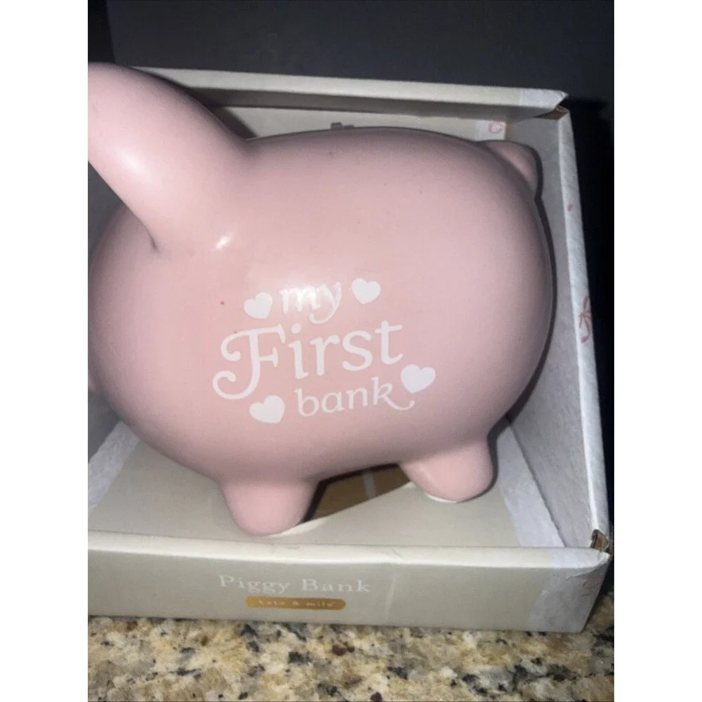 My First Piggy Bank Pink Coin Bank With Flowers Child’s Ceramic 8” X 6” Complete